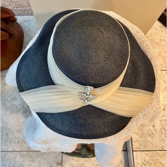 Cathay California Original Vintage Navy Blue Hat Cream Rhinestone Trim Lampshade